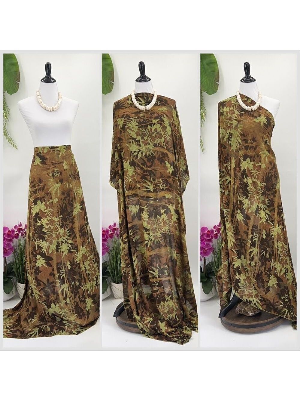 Brown green Tropical foliage MAXI SARONG Kīkepa Pareo Beach Wrap Skirt